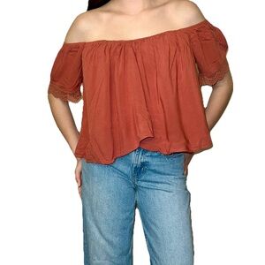 Rust Red Boho Off Shoulder New Look Crochet Sleeve Ruffle Cropped Blouse Size L